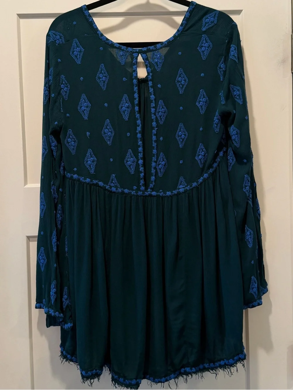 Free People Diamond Embroidered Tunic Top Dark Green Blue Boho Size Small